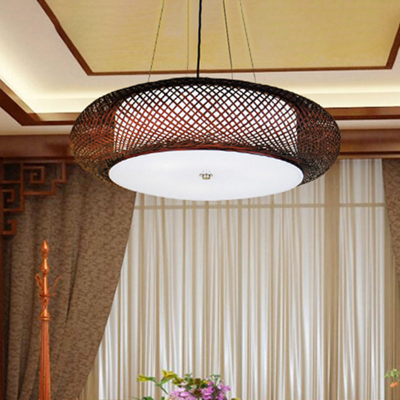 Brown/Wood Hand-Worked Hanging Light with Drum Shade Asian 1 Light Bamboo Suspension Lamp for Dining Room