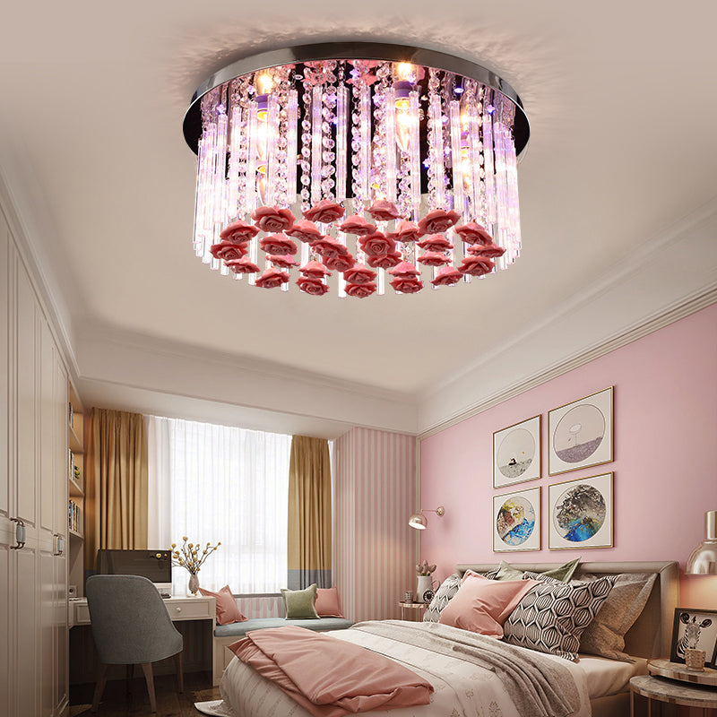 LED Round Ceiling Mount Light Modern Stylish Crystal and Ceramic Ceiling Lamp with Rose Deco in Red