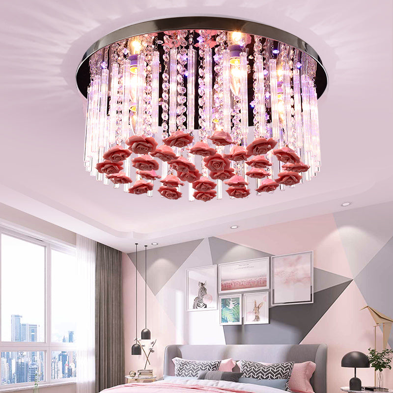 LED Round Ceiling Mount Light Modern Stylish Crystal and Ceramic Ceiling Lamp with Rose Deco in Red