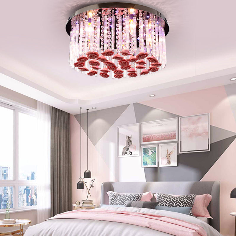 LED Round Ceiling Mount Light Modern Stylish Crystal and Ceramic Ceiling Lamp with Rose Deco in Red