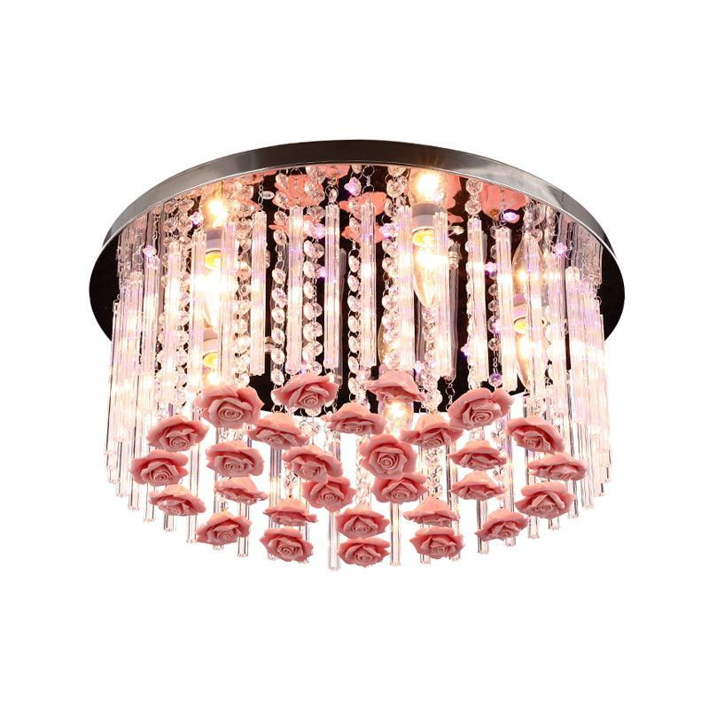 LED Round Ceiling Mount Light Modern Stylish Crystal and Ceramic Ceiling Lamp with Rose Deco in Red