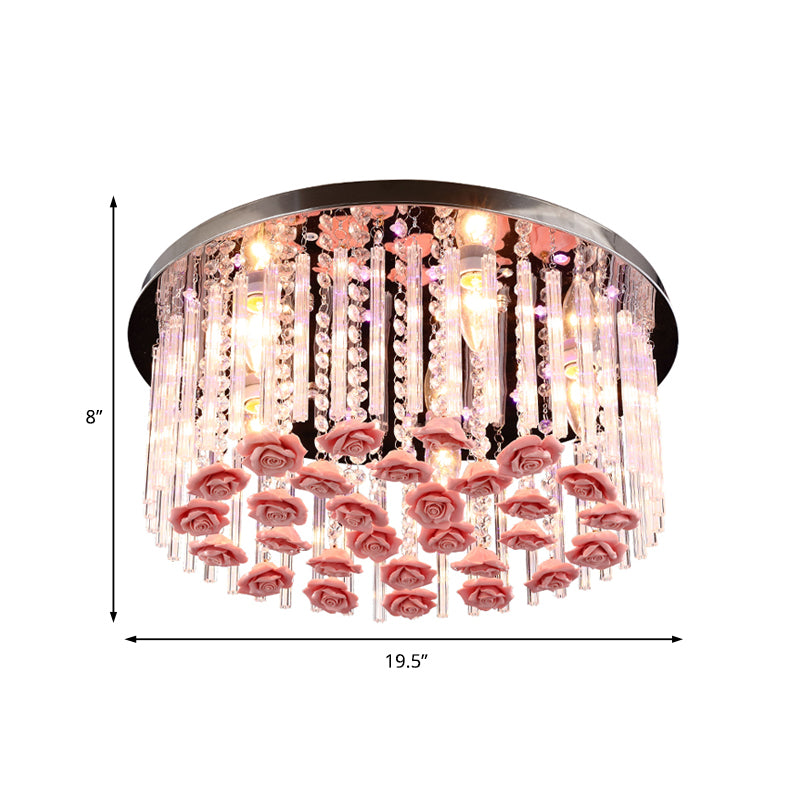 LED Round Ceiling Mount Light Modern Stylish Crystal and Ceramic Ceiling Lamp with Rose Deco in Red