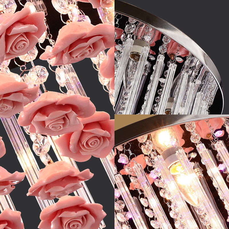 LED Round Ceiling Mount Light Modern Stylish Crystal and Ceramic Ceiling Lamp with Rose Deco in Red