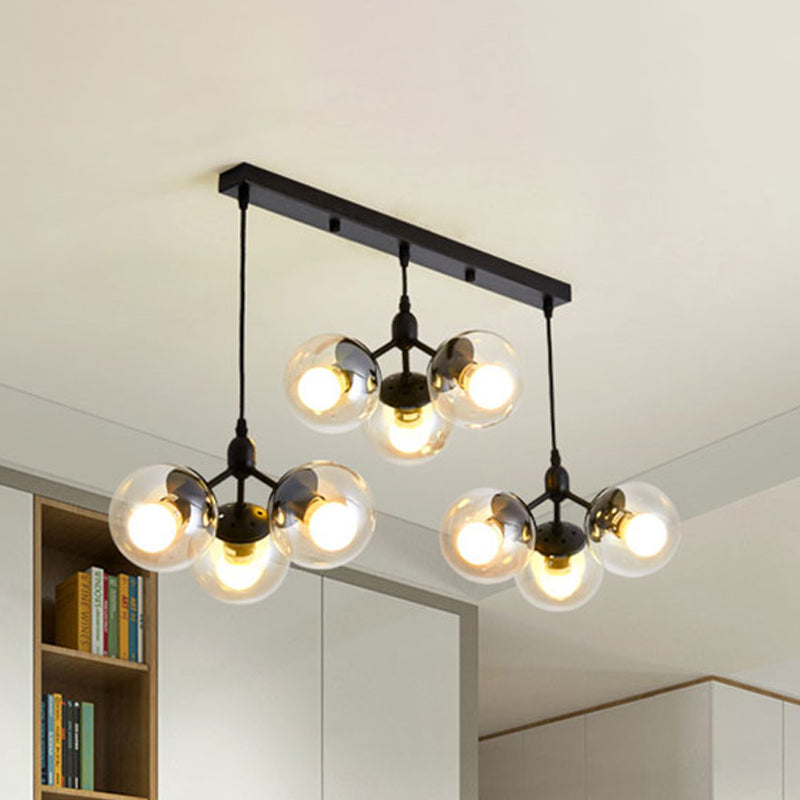 Clear Glass Round Cluster Lighting with Linear Design Modern Multi Lights Hanging Ceiling Lamp in Black