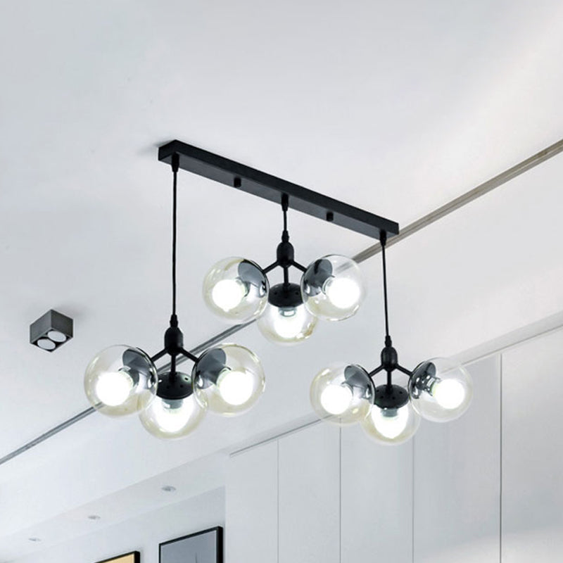 Clear Glass Round Cluster Lighting with Linear Design Modern Multi Lights Hanging Ceiling Lamp in Black