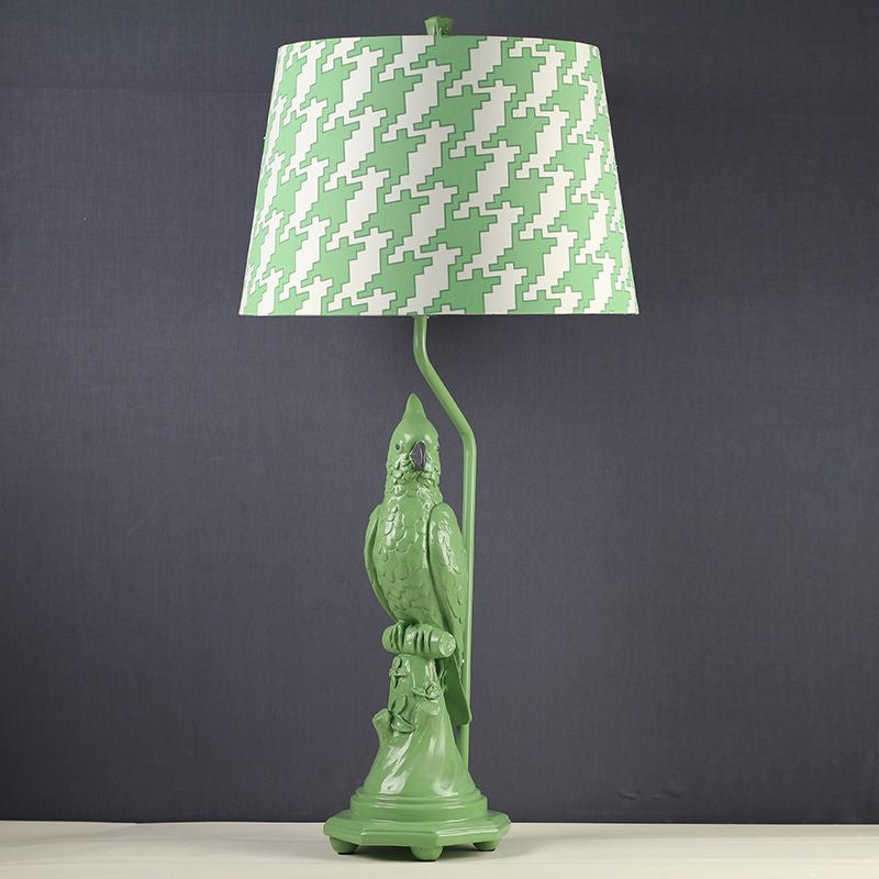 Modernism LED Desk Light with Fabric Shade Green/White Cone Small Desk Lamp with Bird Base