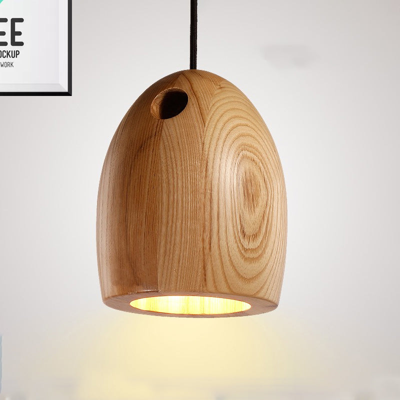 Wood Bell Drop Pendant Contemporary Japanese Style 1-Light Beige Ceiling Light with Adjustable Hanging Cord