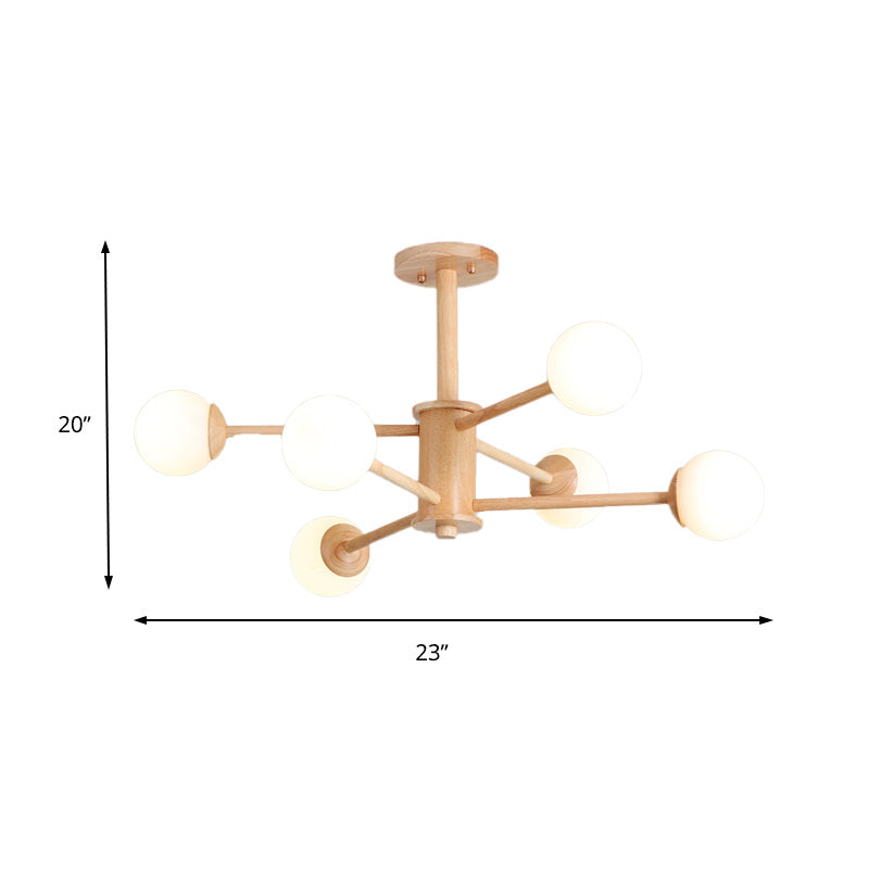 Starburst Chandelier Lighting Contemporary Wooden 6/8/12 Lights Hanging Ceiling Lamp Fixture with White Glass Ball Shade in Natural Wood