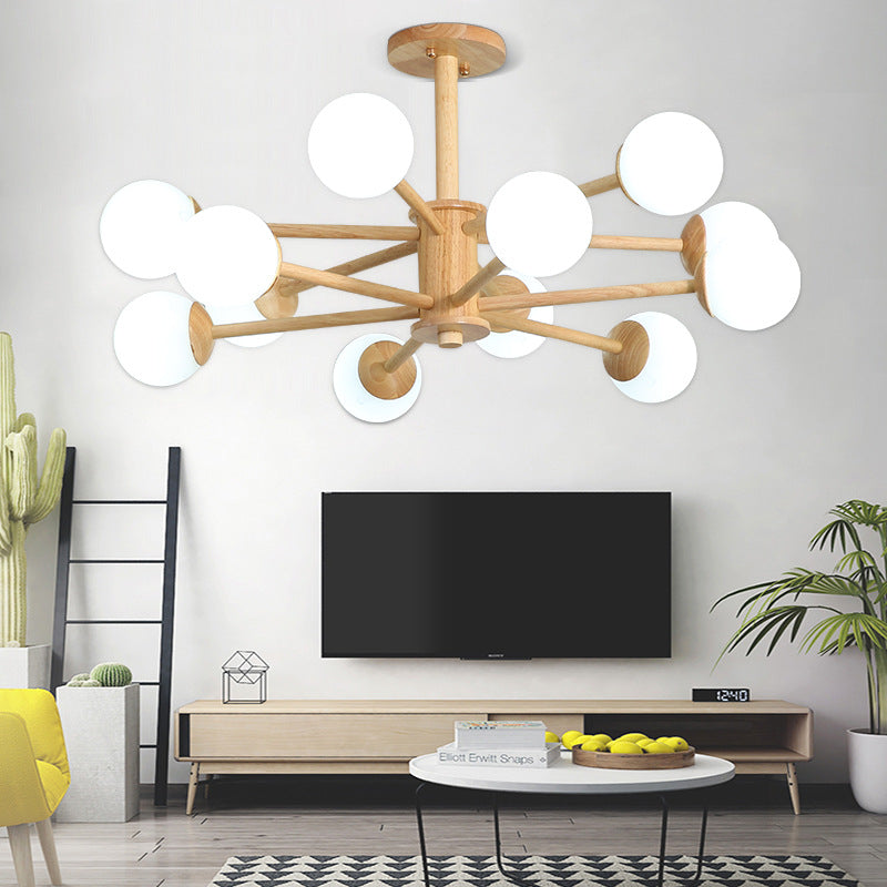 Starburst Chandelier Lighting Contemporary Wooden 6/8/12 Lights Hanging Ceiling Lamp Fixture with White Glass Ball Shade in Natural Wood