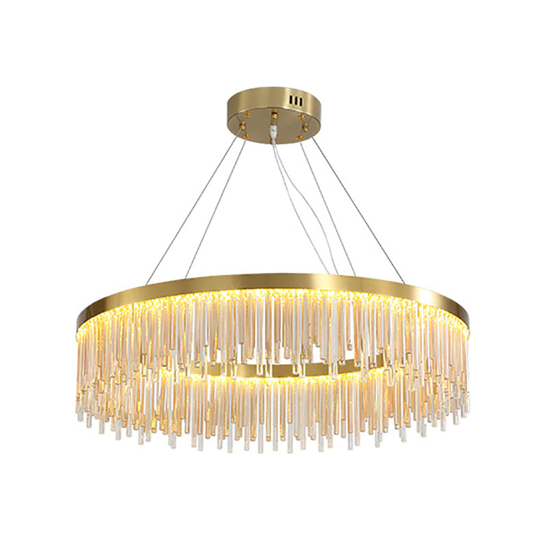 Gold Finish Metal Chandelier Light Fixture Modern Round LED Hanging Lamp with Crystal Prism