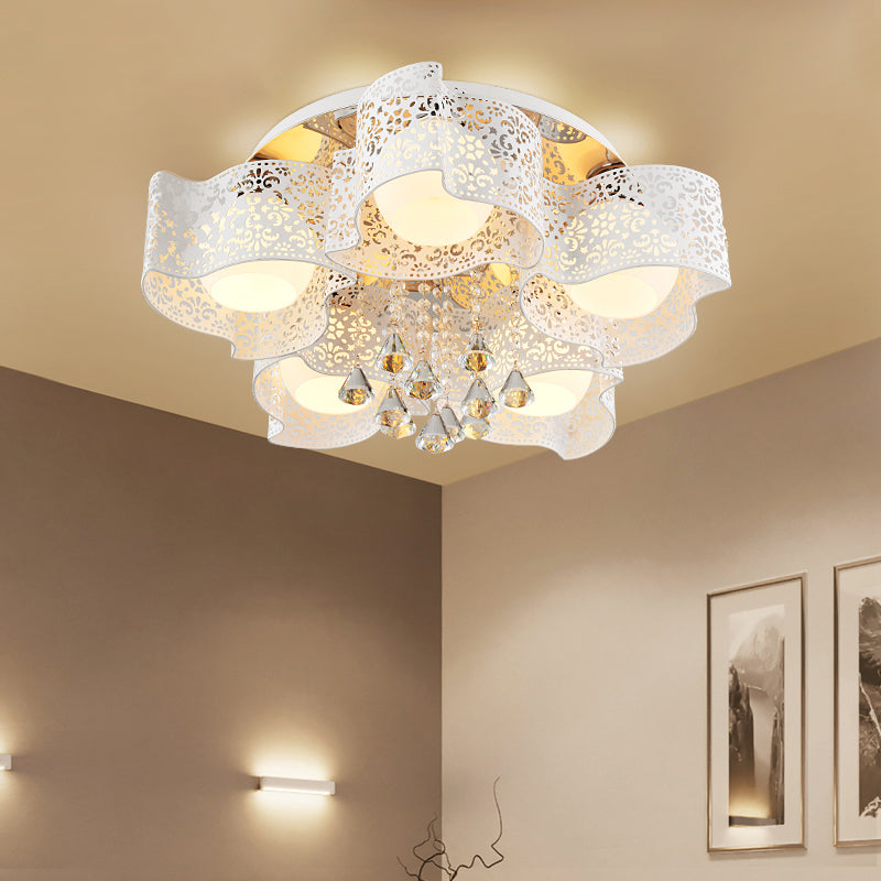 Modernist Etched Flower Ceiling Lamp Crystal 3/5 Lights Ceiling Lamp with Opal Glass Ball Shade in Pink/White