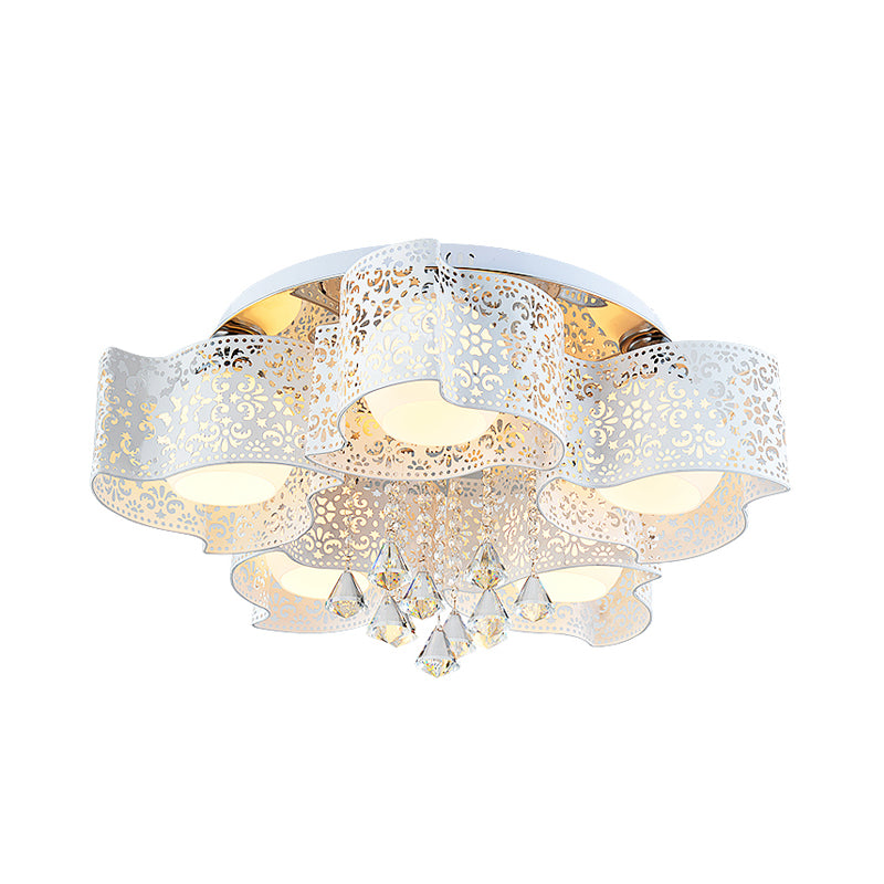 Modernist Etched Flower Ceiling Lamp Crystal 3/5 Lights Ceiling Lamp with Opal Glass Ball Shade in Pink/White