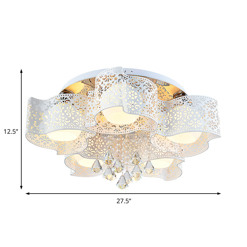 Plafonnier moderniste à fleurs gravées en cristal, 3/5 lumières, avec abat-jour boule en verre opale, rose/blanc