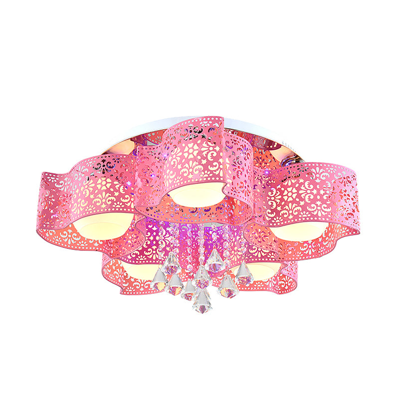 Modernist Etched Flower Massimale Lampada Crystal 3/5 Luci Soffitto Lampada con Opal Glass Ball Shade in Pink / White