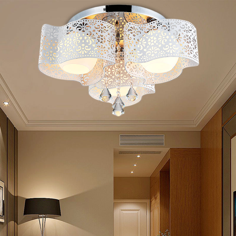 Modernist Etched Flower Massimale Lampada Crystal 3/5 Luci Soffitto Lampada con Opal Glass Ball Shade in Pink / White