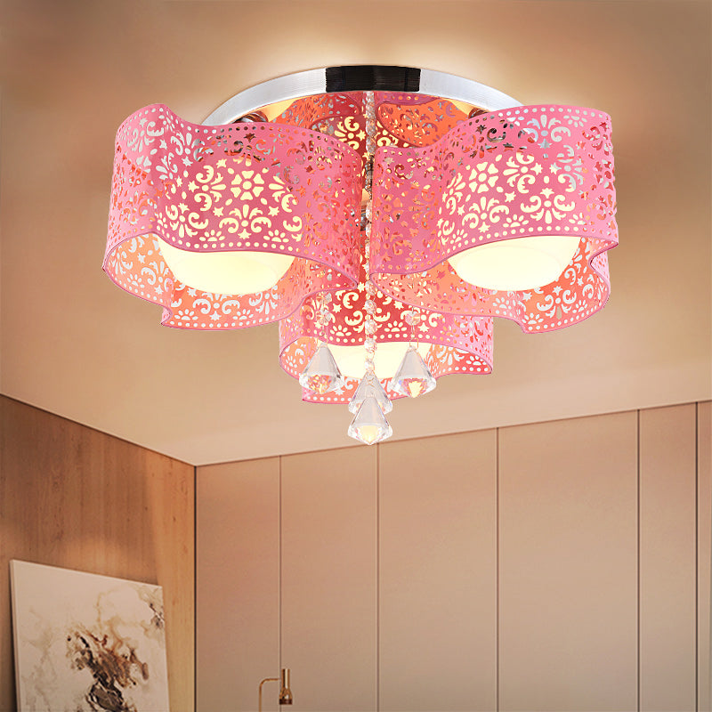 Modernist Etched Flower Ceiling Lamp Crystal 3/5 Lights Ceiling Lamp with Opal Glass Ball Shade in Pink/White