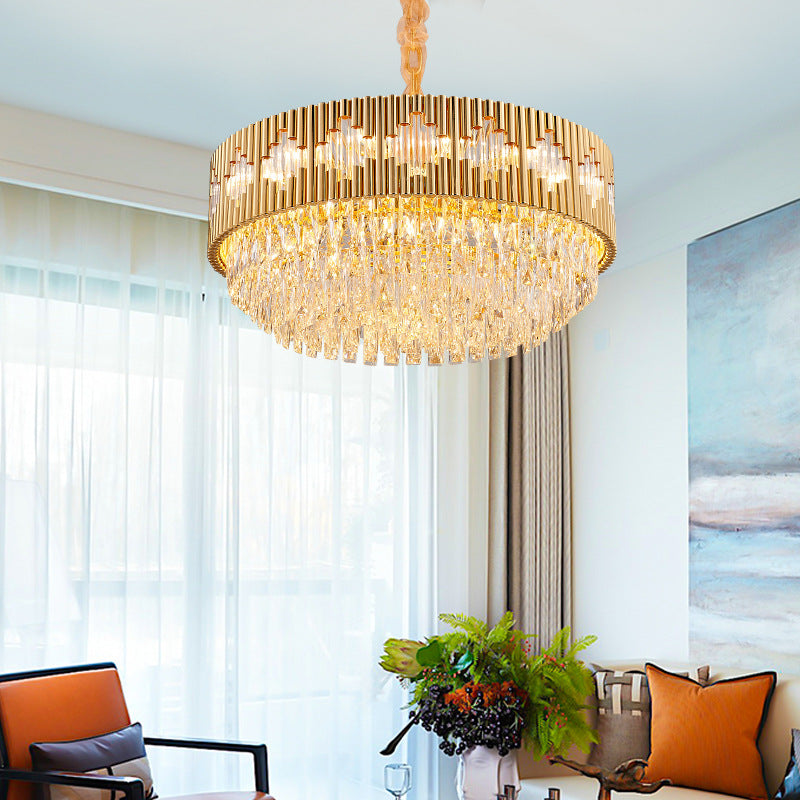 Circular Chandelier Pendant Light Vintage Metal Multi Light Hanging Lamp with Crystal Prism in Gold