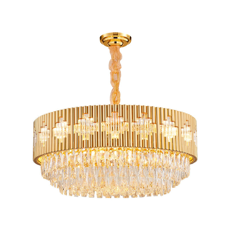 Circular Chandelier Pendant Light Vintage Metal Multi Light Hanging Lamp with Crystal Prism in Gold