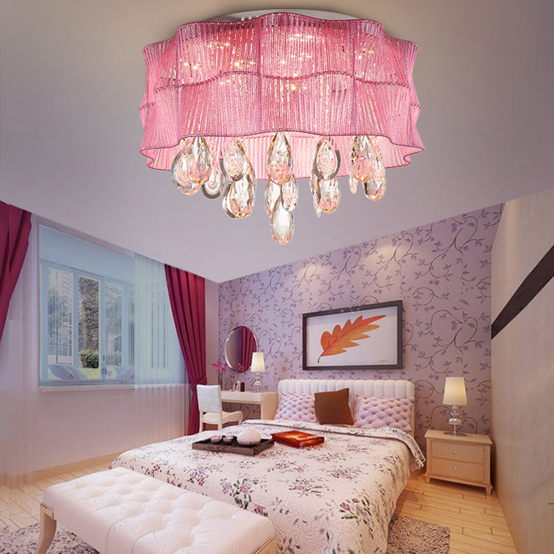 Blue/Pink Flower Flush Ceiling Lamp LED Contemporary Fabric Ceiling Lamp with Teardrop Crystal for Bedroom