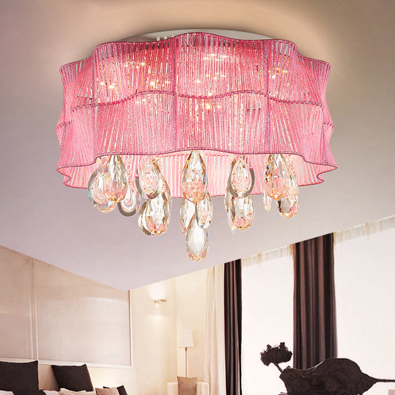 Blue/Pink Flower Flush Ceiling Lamp LED Contemporary Fabric Ceiling Lamp with Teardrop Crystal for Bedroom