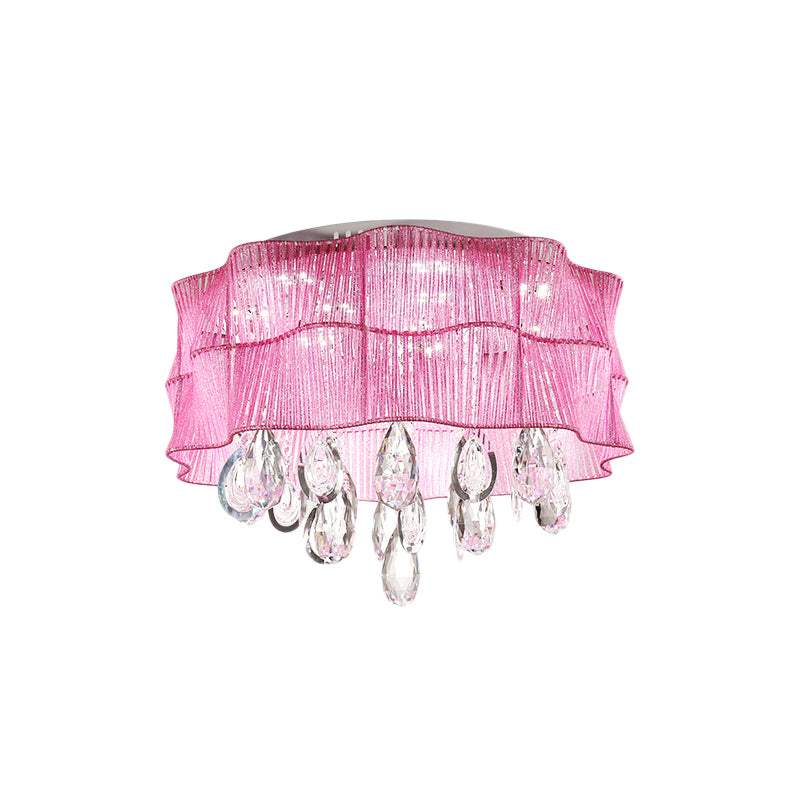 Blue/Pink Flower Flush Ceiling Lamp LED Contemporary Fabric Ceiling Lamp with Teardrop Crystal for Bedroom