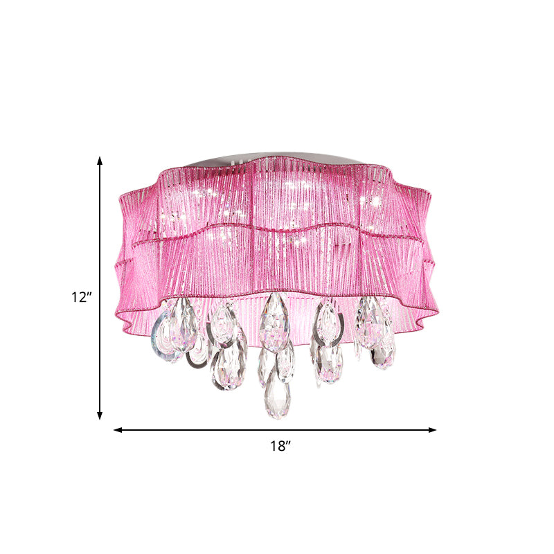 Blue/Pink Flower Flush Ceiling Lamp LED Contemporary Fabric Ceiling Lamp with Teardrop Crystal for Bedroom