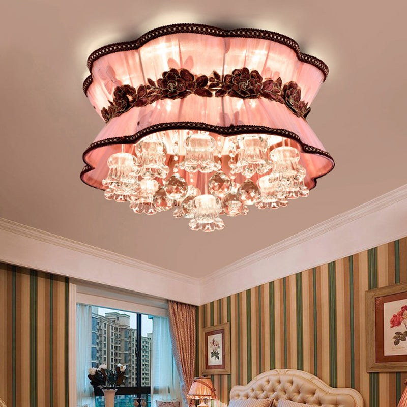 Pink Flower Flush Ceiling Light Modern Fabric LED Ceiling Mount Light with Crystal Deco for Hotel