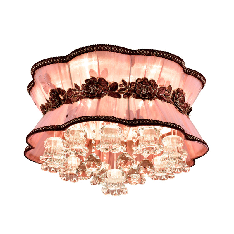 Pink Flower Flush Ceiling Light Modern Fabric LED Ceiling Mount Light with Crystal Deco for Hotel