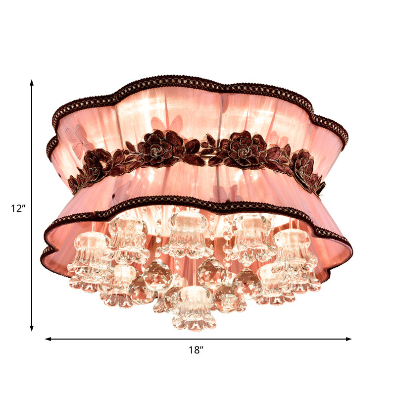 Pink Flower Flush Ceiling Light Modern Fabric LED Ceiling Mount Light avec Crystal Deco pour l'Hôtel