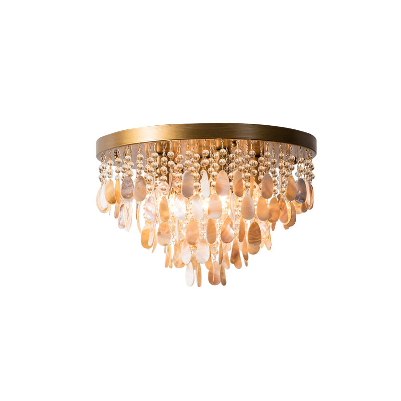 16"/19.5" W Tiered Flush Mount Light Modern Shell 6/9 Lights Ceiling Lamp with Crystal Bead in Brass Finish