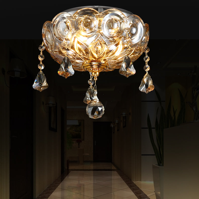 Vintage Style Bowl Flush Ceiling Light mit Crystal Ball Deco 2 Lichter Deckenleuchte in Clear für Korridor