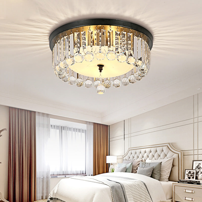 Contemporary Circle Flush Ceiling Light Clear Crystal 5 Lights Ceiling Lamp with Opal Glass Diffuser in Black