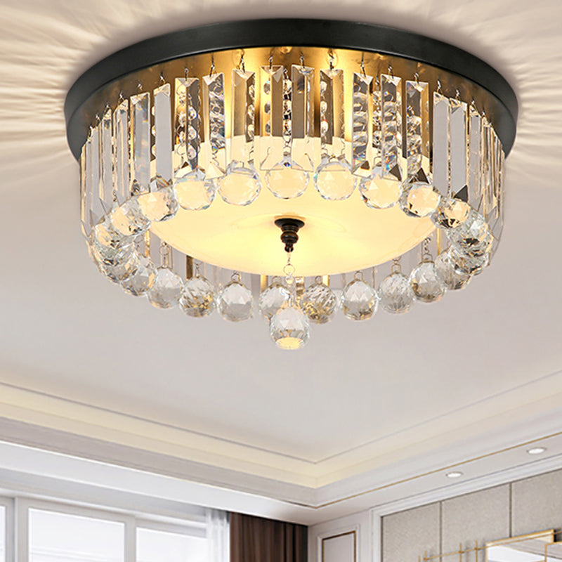 Contemporary Circle Flush Ceiling Light Clear Crystal 5 Lights Ceiling Lamp with Opal Glass Diffuser in Black