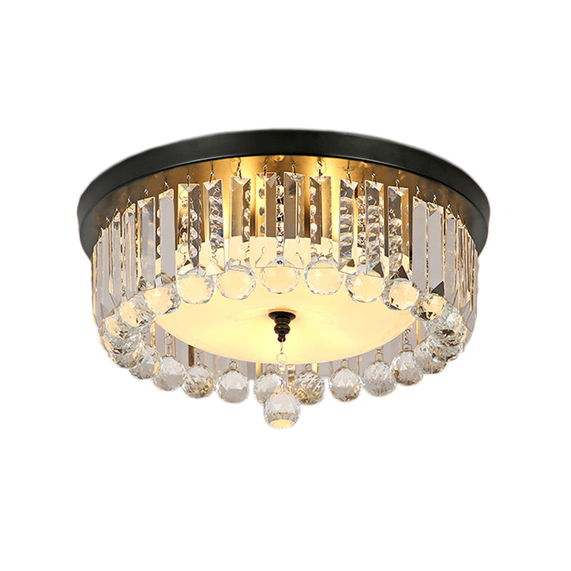 Contemporary Circle Flush Ceiling Light Clear Crystal 5 Lights Ceiling Lamp with Opal Glass Diffuser in Black