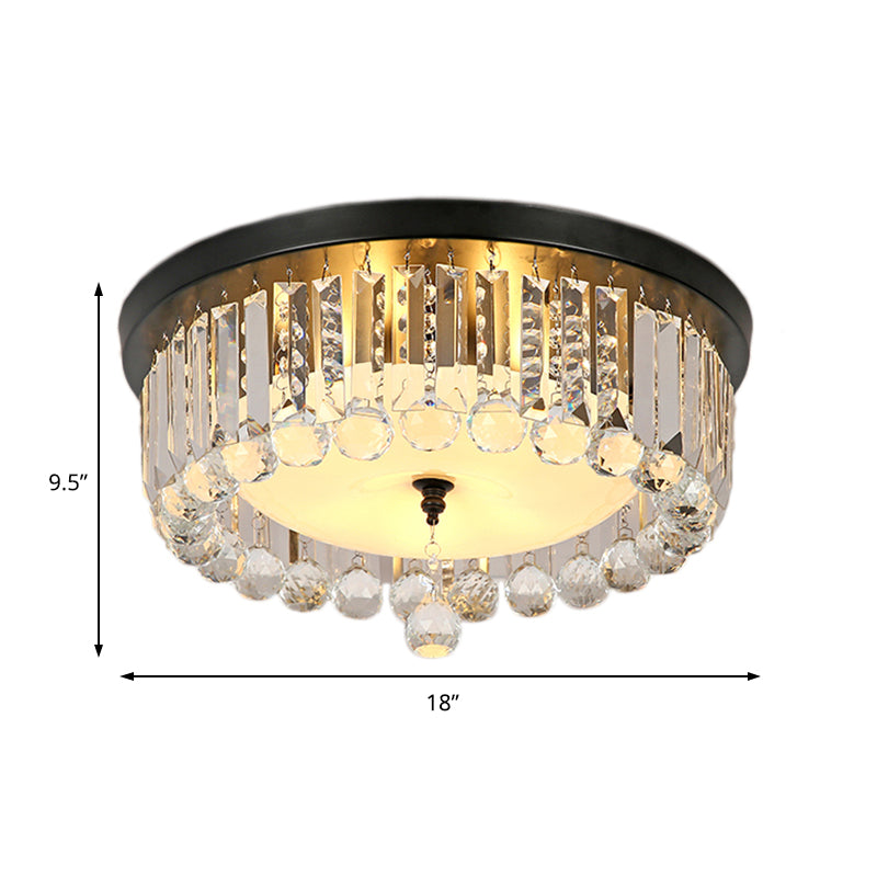 Contemporary Circle Flush Ceiling Light Clear Crystal 5 Lights Ceiling Lamp with Opal Glass Diffuser in Black