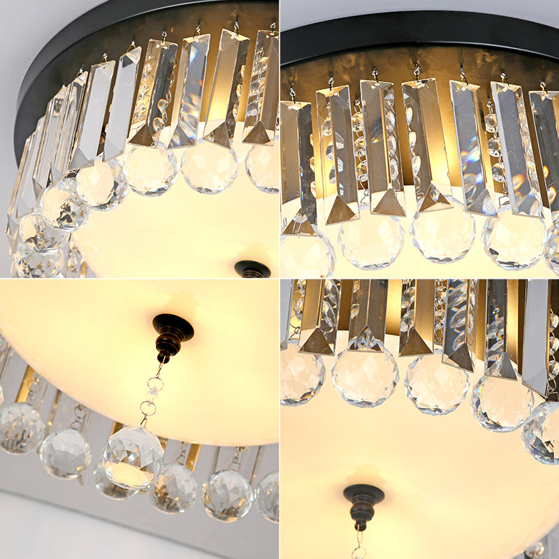 Contemporary Circle Flush Ceiling Light Clear Crystal 5 Lights Ceiling Lamp with Opal Glass Diffuser in Black