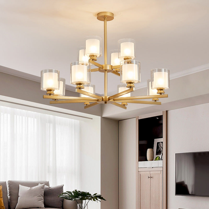 2-Tier Cylinder White Glass Chandelier with Radial Design Modernist 12 Lights Black/Gold/Sliver Hanging Light Fixture