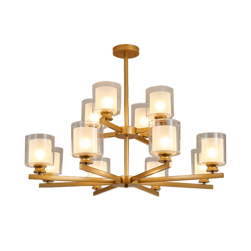 2-Tier Cylinder White Glass Chandelier with Radial Design Modernist 12 Lights Black/Gold/Sliver Hanging Light Fixture