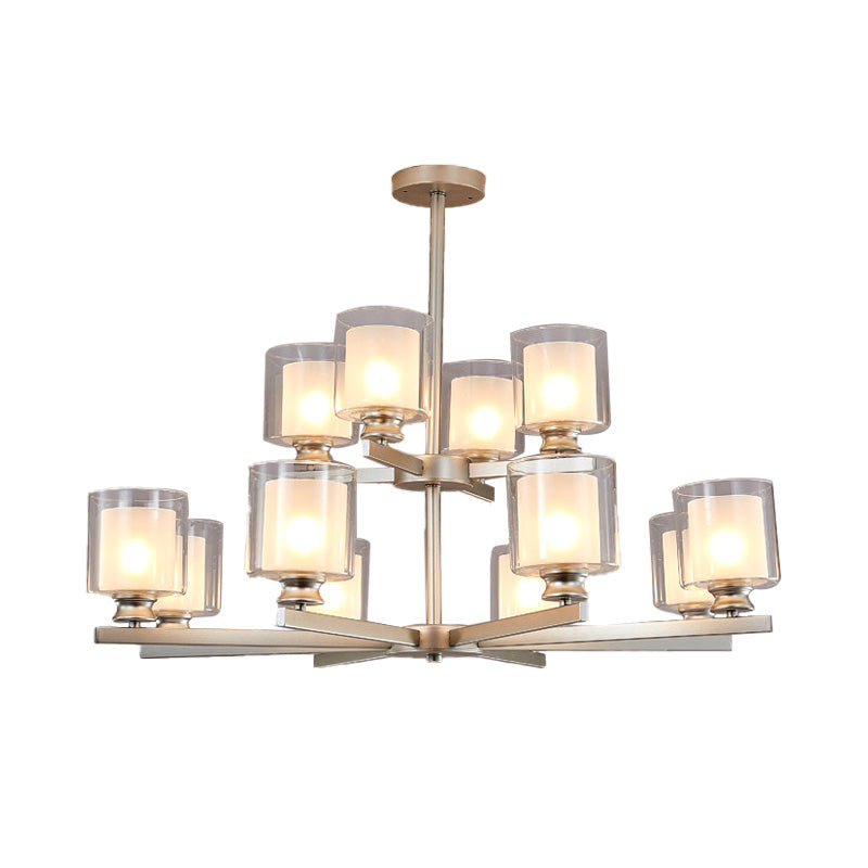 2-Tier Cylinder White Glass Chandelier with Radial Design Modernist 12 Lights Black/Gold/Sliver Hanging Light Fixture