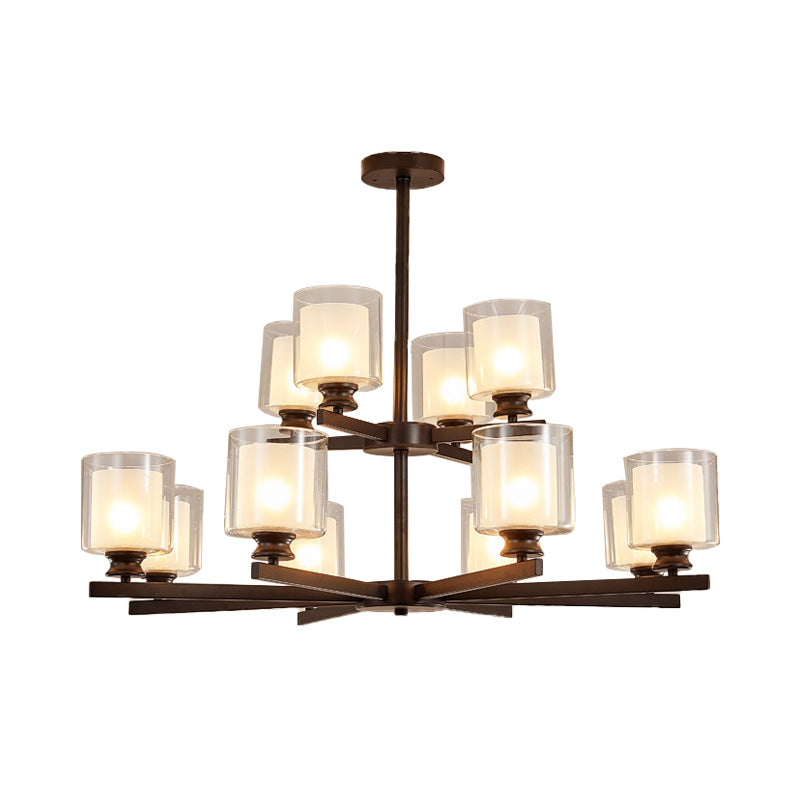 2-Tier Cylinder White Glass Chandelier with Radial Design Modernist 12 Lights Black/Gold/Sliver Hanging Light Fixture