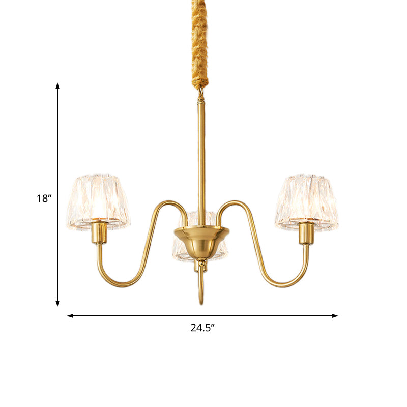 Brushed Brass Cone Hanging Ceiling Light Modern Crystal 3/6/8 Lights Suspension Light with Curved Arm