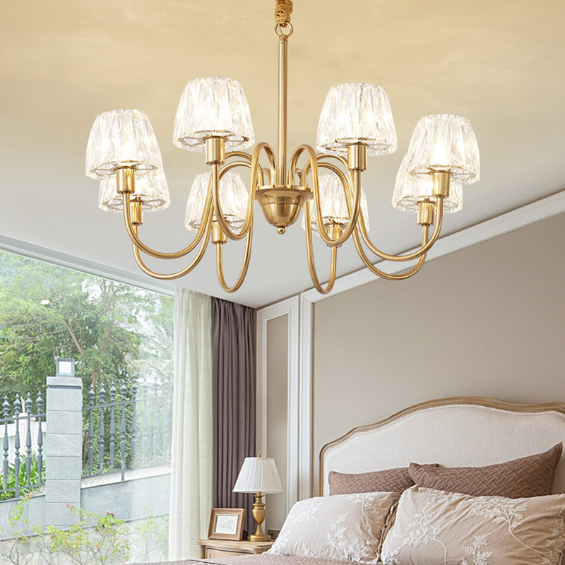 Brushed Brass Cone Hanging Ceiling Light Modern Crystal 3/6/8 Lights Suspension Light with Curved Arm