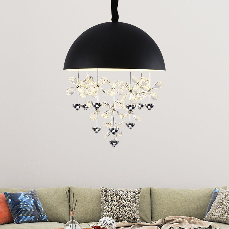 6/10 Lights Domed Pendant Light Modern Metal Hanging Ceiling Light with Crystal Flower Deco in Black/White