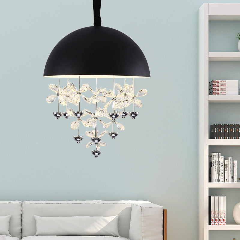 6/10 Lights Domed Pendant Light Modern Metal Hanging Ceiling Light with Crystal Flower Deco in Black/White