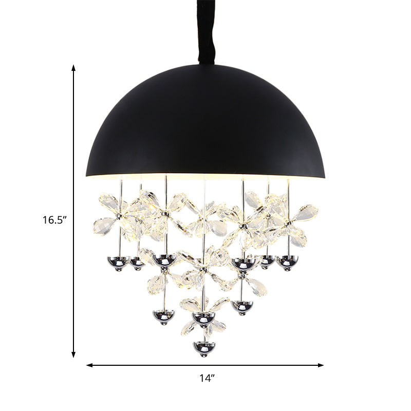 6/10 Lights Domed Pendant Light Modern Metal Hanging Ceiling Light with Crystal Flower Deco in Black/White