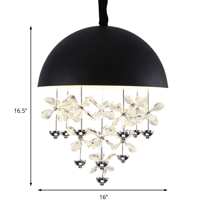 6/10 Lights Domed Pendant Light Modern Metal Hanging Ceiling Light with Crystal Flower Deco in Black/White