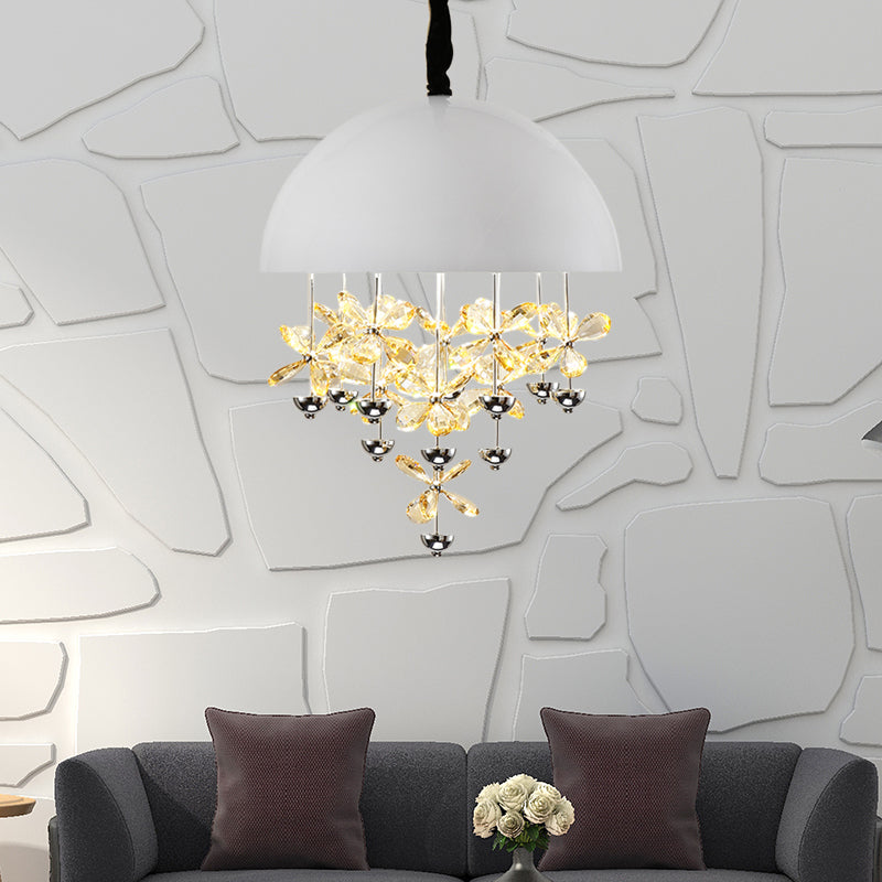 6/10 Lights Domed Pendant Light Modern Metal Hanging Ceiling Light with Crystal Flower Deco in Black/White