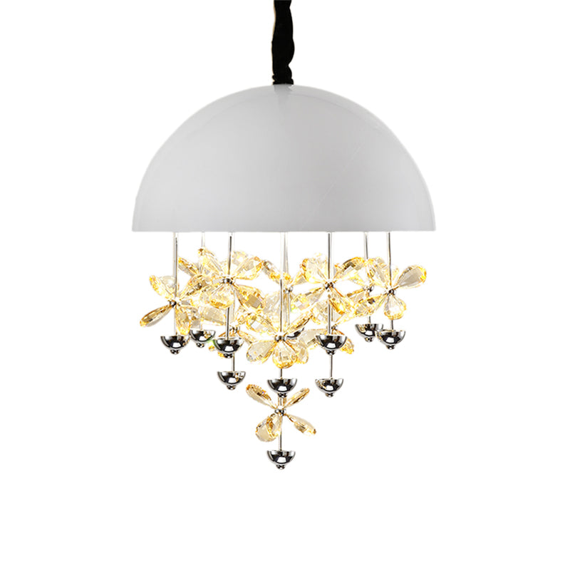 6/10 Lights Domed Pendant Light Modern Metal Hanging Ceiling Light with Crystal Flower Deco in Black/White