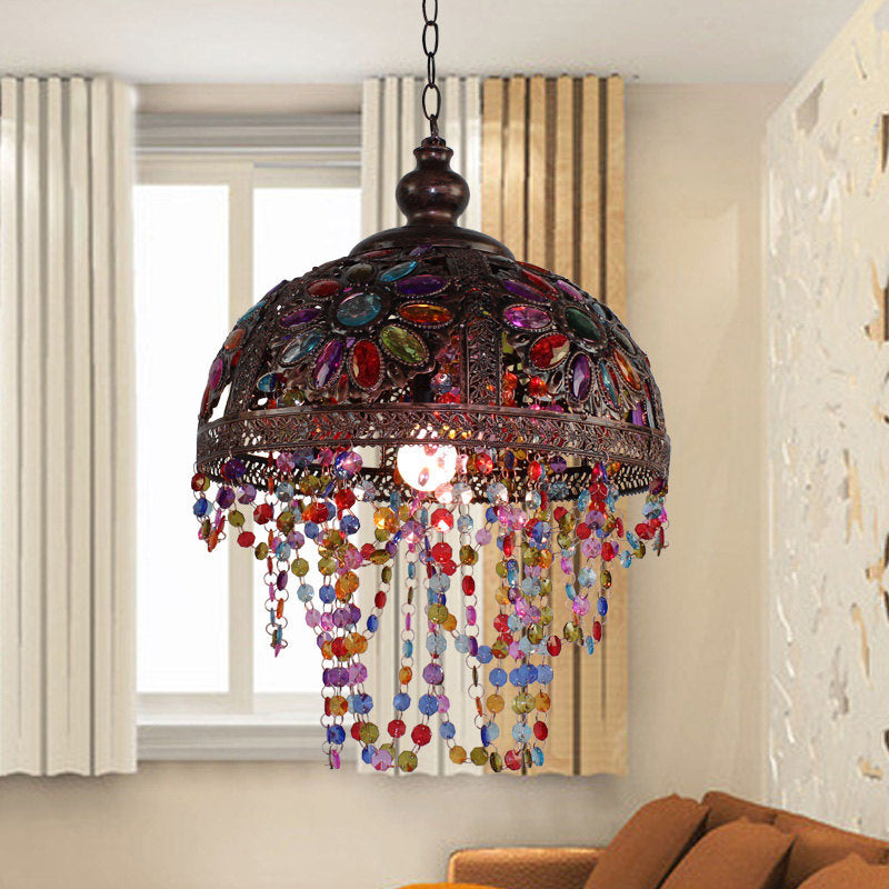 Argent / Rust Dome Shade Hanging Light With Beded Strand Bohemia Style 1 Lumière Lumière Lumière