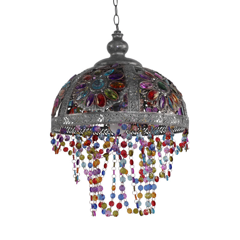 Silver/Rust Dome Shade Hanging Light with Beaded Strand Bohemia Style 1 Light Ceiling Light Fixture